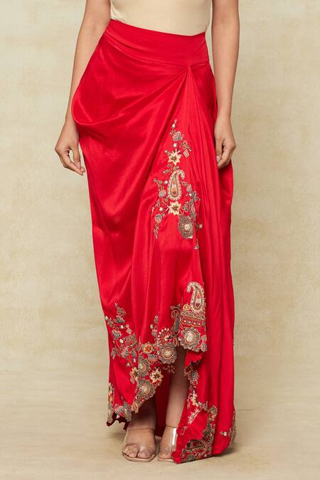 Anamika Khanna Red Silk Embroidery Collared Paisley Tunic Kaftan And Draped Skirt Set Online at Aza Fashions Anamika Khanna_Red Silk Embroidery Collared Paisley Tunic Kaftan And Draped Skirt Set_Online_at_Aza_Fashions