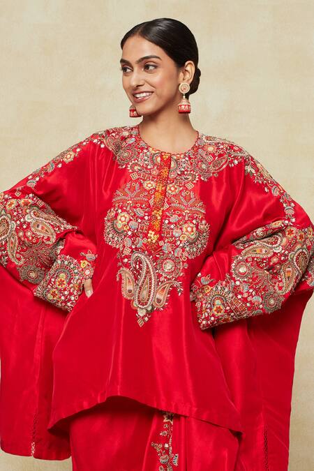 Buy Anamika Khanna Red Silk Embroidery Collared Paisley Tunic Kaftan And Draped Skirt Set Online at Aza Fashions Buy_Anamika Khanna_Red Silk Embroidery Collared Paisley Tunic Kaftan And Draped Skirt Set_Online_at_Aza_Fashions