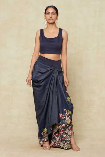 Buy Anamika Khanna Blue Cotton Embroidery Round Neck Floral Cape And Draped Skirt Set Online at Aza Fashions Buy_Anamika Khanna_Blue Cotton Embroidery Round Neck Floral Cape And Draped Skirt Set _Online_at_Aza_Fashions
