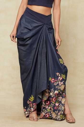 Shop Anamika Khanna Blue Cotton Embroidery Round Neck Floral Cape And Draped Skirt Set Online at Aza Fashions Shop_Anamika Khanna_Blue Cotton Embroidery Round Neck Floral Cape And Draped Skirt Set _Online_at_Aza_Fashions