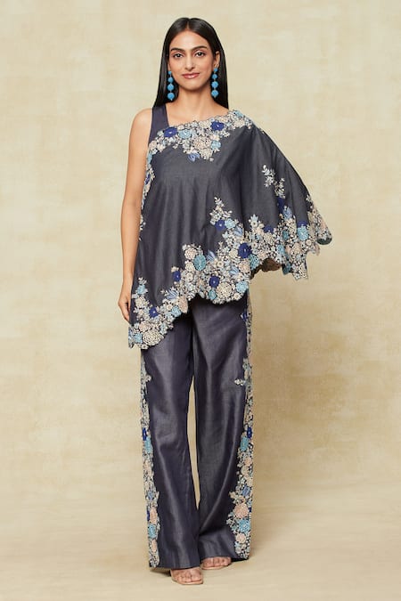 Anamika Khanna Blue Denim Embroidered Floral Cape One Shoulder And Pant Set 