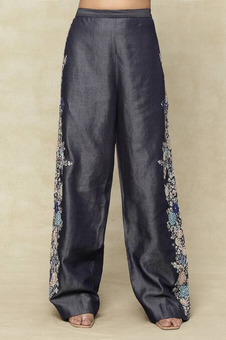 Anamika Khanna Blue One Shoulder, Round Neck Denim Floral Embroidered Cape And Pant Set Online at Aza Fashions Anamika Khanna_Blue One Shoulder, Round Neck Denim Floral Embroidered Cape And Pant Set_Online_at_Aza_Fashions