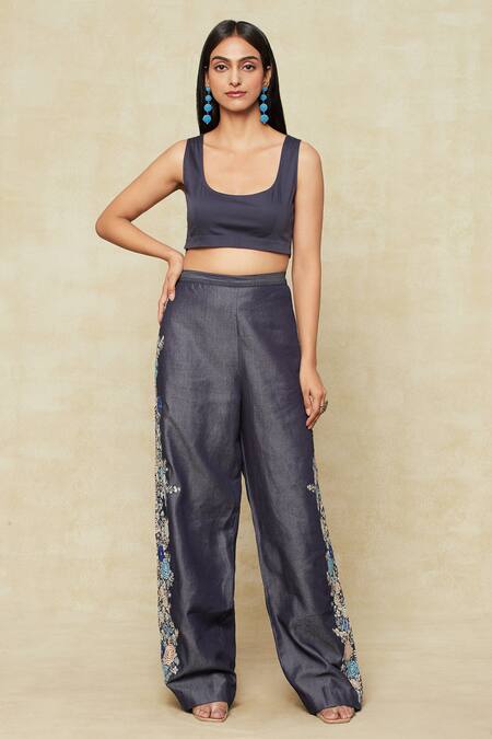 Buy Anamika Khanna Blue One Shoulder, Round Neck Denim Floral Embroidered Cape And Pant Set Online at Aza Fashions Buy_Anamika Khanna_Blue One Shoulder, Round Neck Denim Floral Embroidered Cape And Pant Set_Online_at_Aza_Fashions