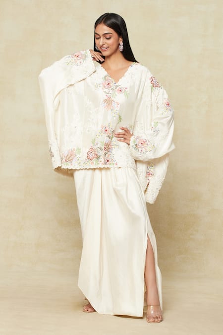 Anamika Khanna Ivory Silk Embroidered Floral V Neck Cape Top And Skirt Set 