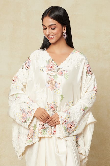 Shop Anamika Khanna Ivory Silk Embroidery V-neck Cape Top And Skirt Set Online at Aza Fashions Shop_Anamika Khanna_Ivory Silk Embroidery V-neck Cape Top And Skirt Set_Online_at_Aza_Fashions