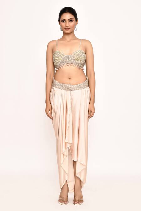 Buy_Eeksha_Pink Silk Embroidery, Zari, Beads Sweetheart Neck, Jacket With Draped Skirt _Online_at_Aza_Fashions