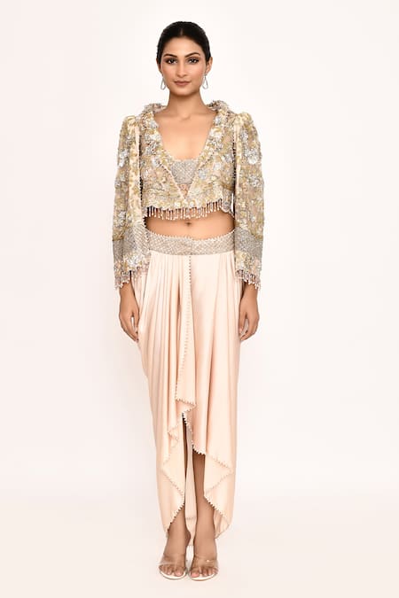 Shop_Eeksha_Pink Silk Embroidery, Zari, Beads Sweetheart Neck, Jacket With Draped Skirt _Online_at_Aza_Fashions