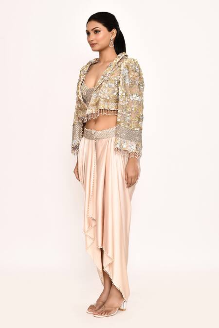 Eeksha_Pink Silk Embroidery, Zari, Beads Sweetheart Neck, Jacket With Draped Skirt _at_Aza_Fashions