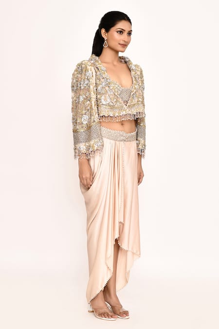 Buy_Eeksha_Pink Silk Embroidery, Zari, Beads Sweetheart Neck, Jacket With Draped Skirt 