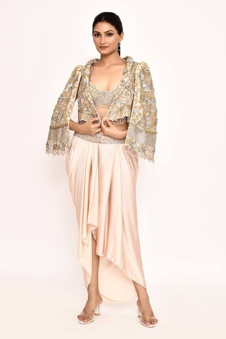 Shop_Eeksha_Pink Silk Embroidery, Zari, Beads Sweetheart Neck, Jacket With Draped Skirt 