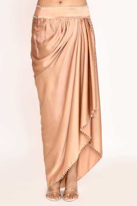 Eeksha_Peach , Satin Embroidery, Pearls, Floral Jacket And Draped Skirt Set _Online_at_Aza_Fashions