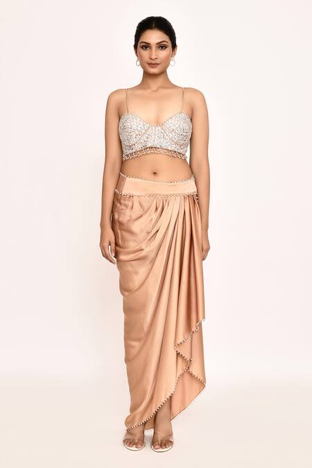 Buy_Eeksha_Peach , Satin Embroidery, Pearls, Floral Jacket And Draped Skirt Set _Online_at_Aza_Fashions