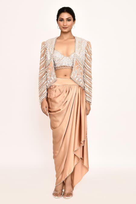 Shop_Eeksha_Peach , Satin Embroidery, Pearls, Floral Jacket And Draped Skirt Set _Online_at_Aza_Fashions