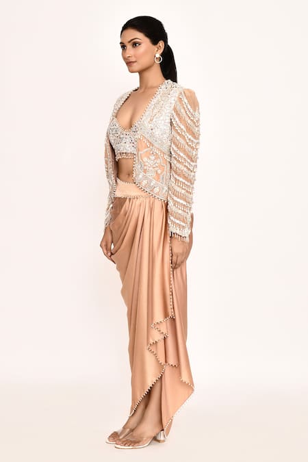 Eeksha_Peach , Satin Embroidery, Pearls, Floral Jacket And Draped Skirt Set _at_Aza_Fashions