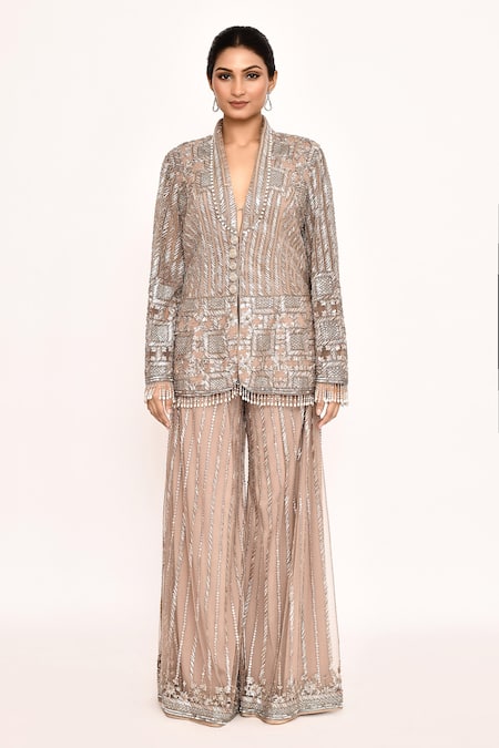 Eeksha_Pink Georgette Embroidery Metallic Blazer And Sharara Set _Online_at_Aza_Fashions