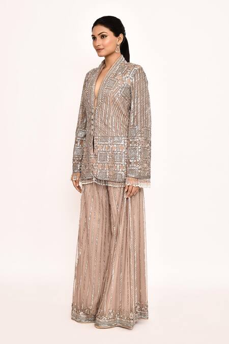 Buy_Eeksha_Pink Georgette Embroidery Metallic Blazer And Sharara Set _Online_at_Aza_Fashions