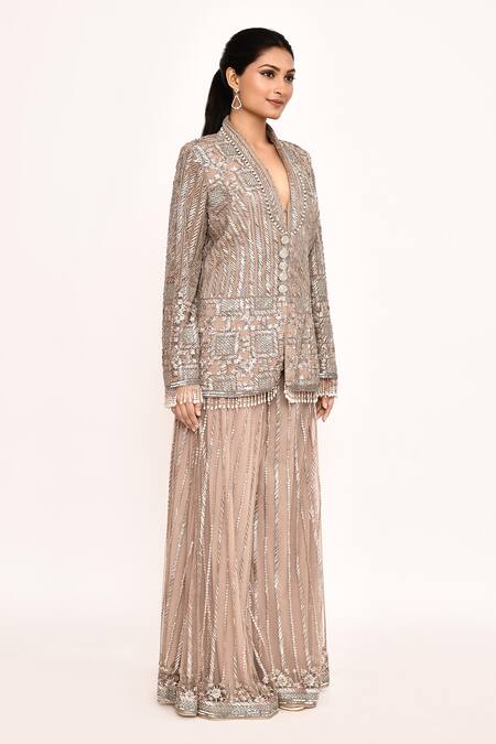 Shop_Eeksha_Pink Georgette Embroidery Metallic Blazer And Sharara Set _Online_at_Aza_Fashions