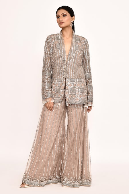 Eeksha_Pink Georgette Embroidery Metallic Blazer And Sharara Set _at_Aza_Fashions