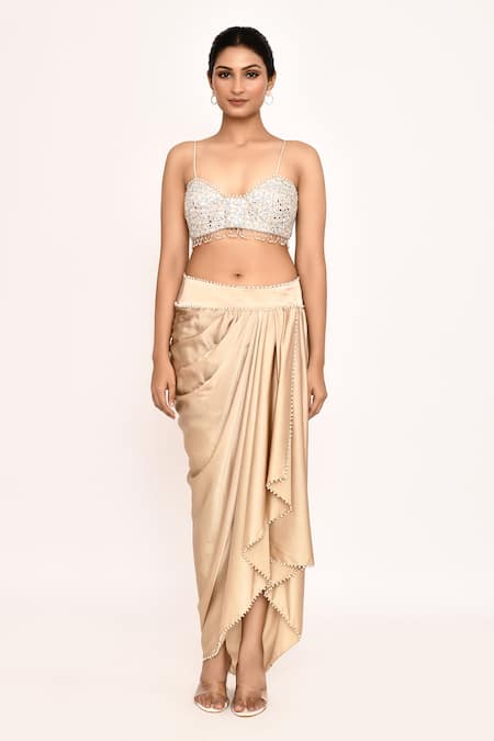 Eeksha_Gold Silk Pearls, Zari, Embroidery Sweetheart Neck, Jacket With Draped Skirt _Online_at_Aza_Fashions