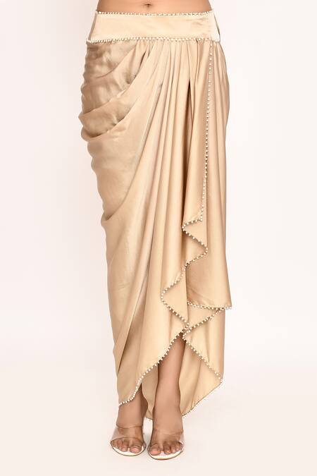 Buy_Eeksha_Gold Silk Pearls, Zari, Embroidery Sweetheart Neck, Jacket With Draped Skirt _Online_at_Aza_Fashions