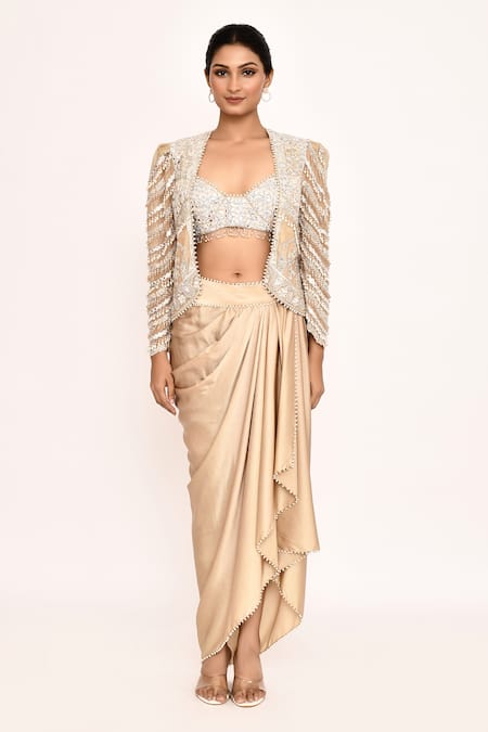 Shop_Eeksha_Gold Silk Pearls, Zari, Embroidery Sweetheart Neck, Jacket With Draped Skirt _Online_at_Aza_Fashions