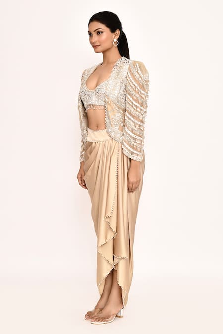 Eeksha_Gold Silk Pearls, Zari, Embroidery Sweetheart Neck, Jacket With Draped Skirt _at_Aza_Fashions