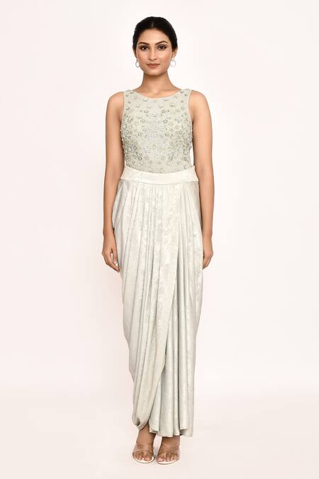 Eeksha_Ivory Lycra, Faux Leather Embroidery, Fringe Round Neck Floral Cape Skirt Set _Online_at_Aza_Fashions