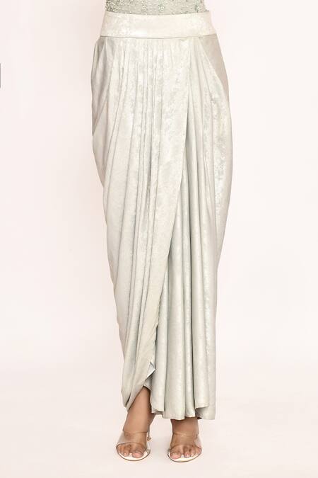 Buy_Eeksha_Ivory Lycra, Faux Leather Embroidery, Fringe Round Neck Floral Cape Skirt Set _Online_at_Aza_Fashions