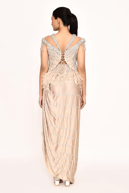 Eeksha Floral Embroidered Corset Top & Draped Skirt Set 