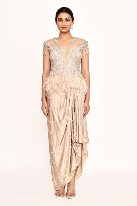 Eeksha_Beige Silk Embroidery, Feathers V-neck Floral Corset Top And Draped Skirt Set _Online_at_Aza_Fashions
