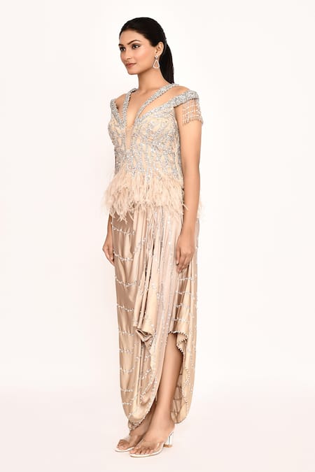 Buy_Eeksha_Beige Silk Embroidery, Feathers V-neck Floral Corset Top And Draped Skirt Set _Online_at_Aza_Fashions