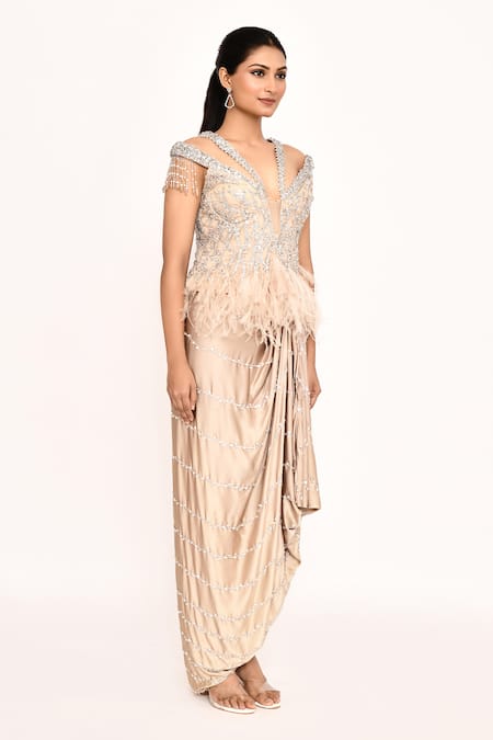 Shop_Eeksha_Beige Silk Embroidery, Feathers V-neck Floral Corset Top And Draped Skirt Set _Online_at_Aza_Fashions
