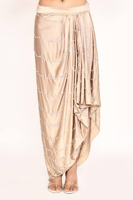 Eeksha_Beige Silk Embroidery, Feathers V-neck Floral Corset Top And Draped Skirt Set _at_Aza_Fashions