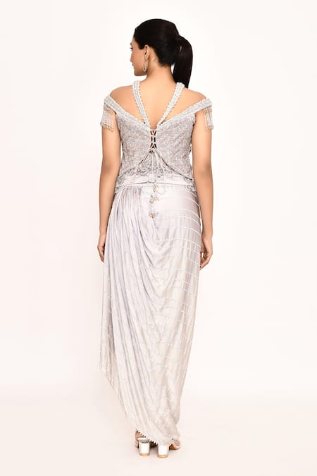 Eeksha 3D Floral Embroidered Corset Top With Draped Skirt 