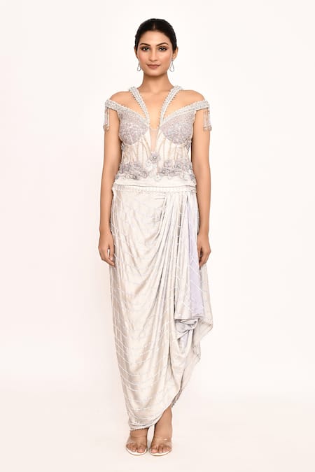 Eeksha_Purple Silk Embroidery 3d Floral Corset Top With Draped Skirt _Online_at_Aza_Fashions