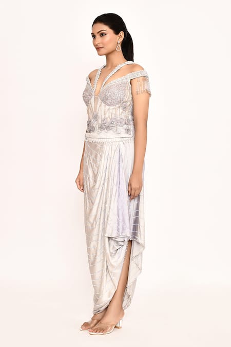 Buy_Eeksha_Purple Silk Embroidery 3d Floral Corset Top With Draped Skirt _Online_at_Aza_Fashions