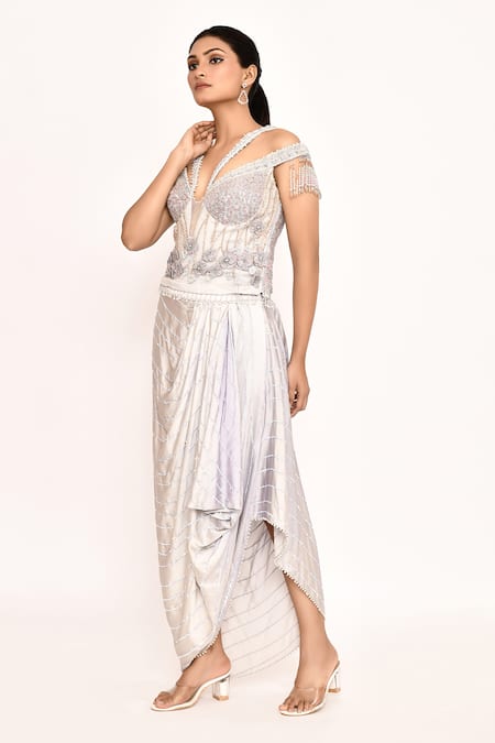 Eeksha_Purple Silk Embroidery 3d Floral Corset Top With Draped Skirt _at_Aza_Fashions