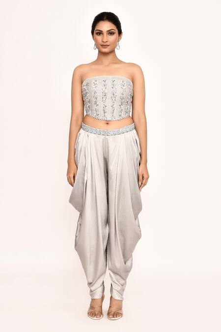 Buy_Eeksha_Silver Satin Embroidery, Feathers Cape And Dhoti Pant Set _Online_at_Aza_Fashions