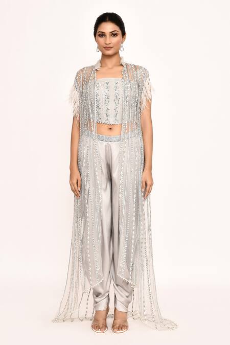 Shop_Eeksha_Silver Satin Embroidery, Feathers Cape And Dhoti Pant Set _Online_at_Aza_Fashions