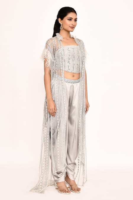 Buy_Eeksha_Silver Satin Embroidery, Feathers Cape And Dhoti Pant Set 
