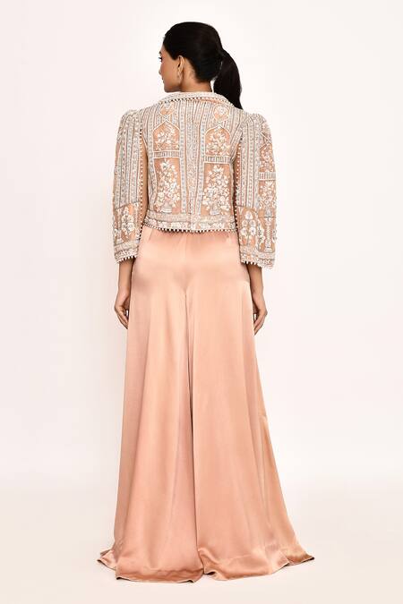 Shop_Eeksha_Peach , Satin Embroidery, Beads Sweetheart Neck, Jacket Sharara Set _at_Aza_Fashions