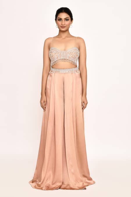 Eeksha_Peach , Satin Embroidery, Beads Sweetheart Neck, Jacket Sharara Set _Online_at_Aza_Fashions