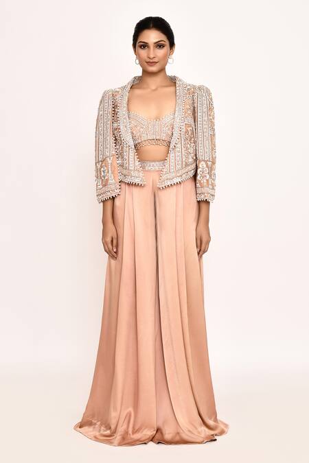 Shop_Eeksha_Peach , Satin Embroidery, Beads Sweetheart Neck, Jacket Sharara Set _Online_at_Aza_Fashions