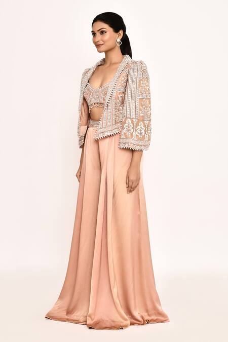 Eeksha_Peach , Satin Embroidery, Beads Sweetheart Neck, Jacket Sharara Set _at_Aza_Fashions