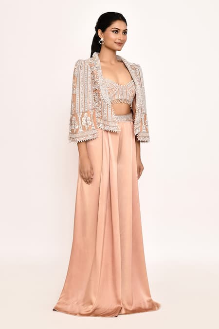 Buy_Eeksha_Peach , Satin Embroidery, Beads Sweetheart Neck, Jacket Sharara Set 