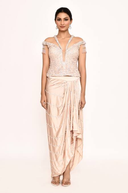 Eeksha_Peach Silk Beads, Sequins, Embroidery V-neck Floral Top And Draped Skirt Set _Online_at_Aza_Fashions