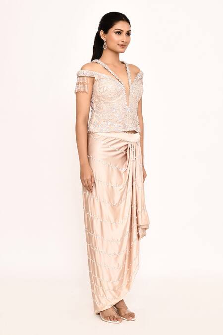 Shop_Eeksha_Peach Silk Beads, Sequins, Embroidery V-neck Floral Top And Draped Skirt Set _Online_at_Aza_Fashions