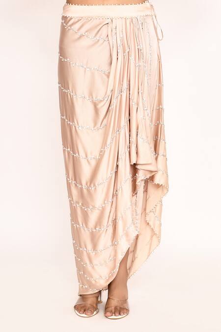 Eeksha_Peach Silk Beads, Sequins, Embroidery V-neck Floral Top And Draped Skirt Set _at_Aza_Fashions