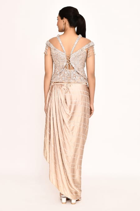 Eeksha Floral Embroidered Top With Draped Skirt 