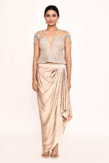 Eeksha_Peach Silk Embroidery, Tassels V-neck Floral Top With Draped Skirt _Online_at_Aza_Fashions